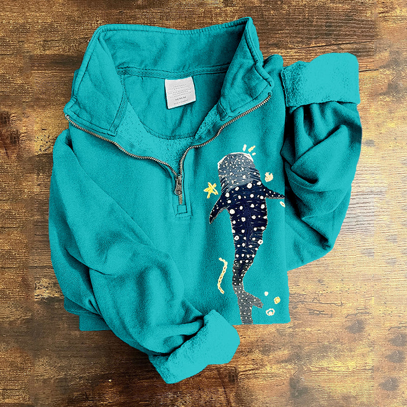 Comstylish Whale Shark Embroidered Zip Up Comfy Sweatshirt