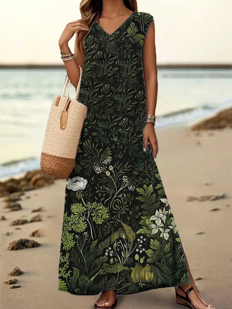 Women's Floral Art Print V-Neck Sleeveless Cotton Pocket Dress