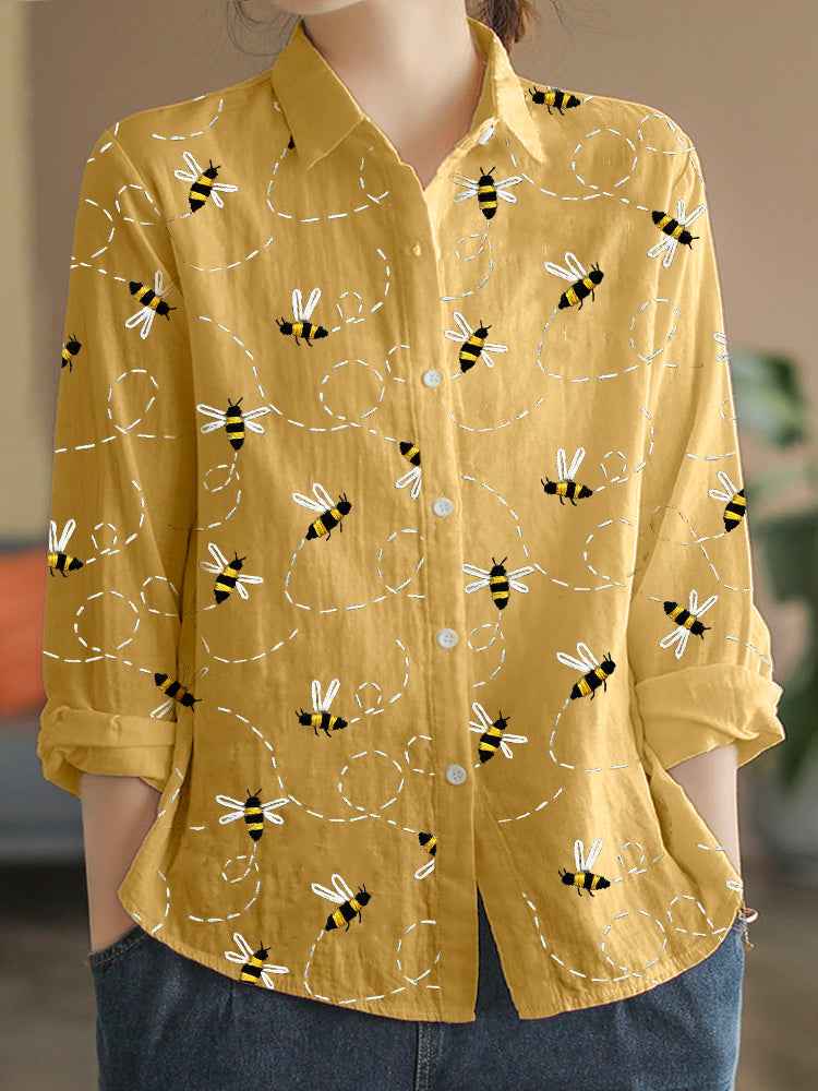 Comstylish Flying Bees Embroidery Pattern Linen Blend Blouse