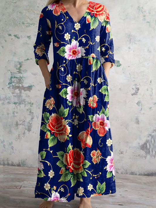 Women's Vintage Floral Print Casual Cotton Dress