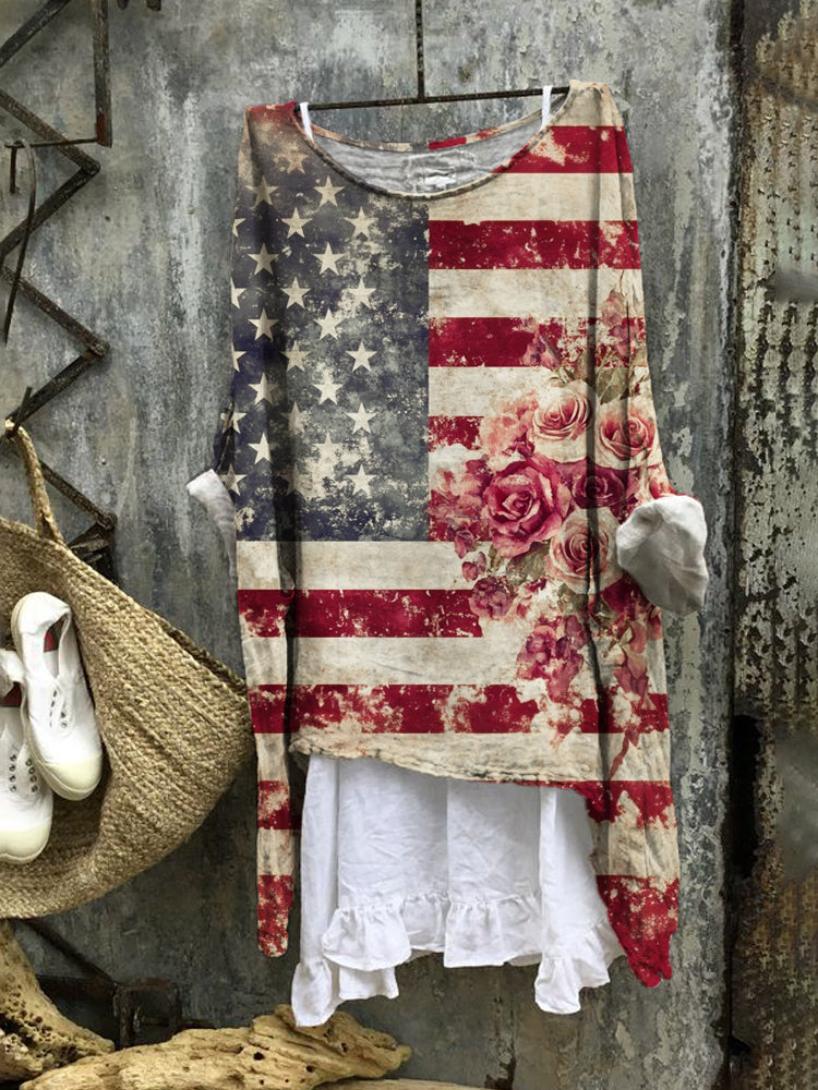 Comstylish Independence Day Vintage Floral Pattern Women's Flowy Blouse