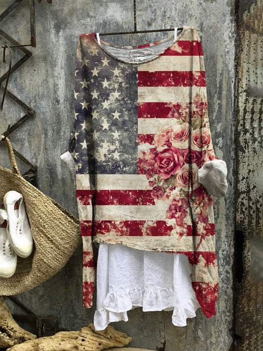 Comstylish Independence Day Vintage Floral Pattern Women's Flowy Blouse
