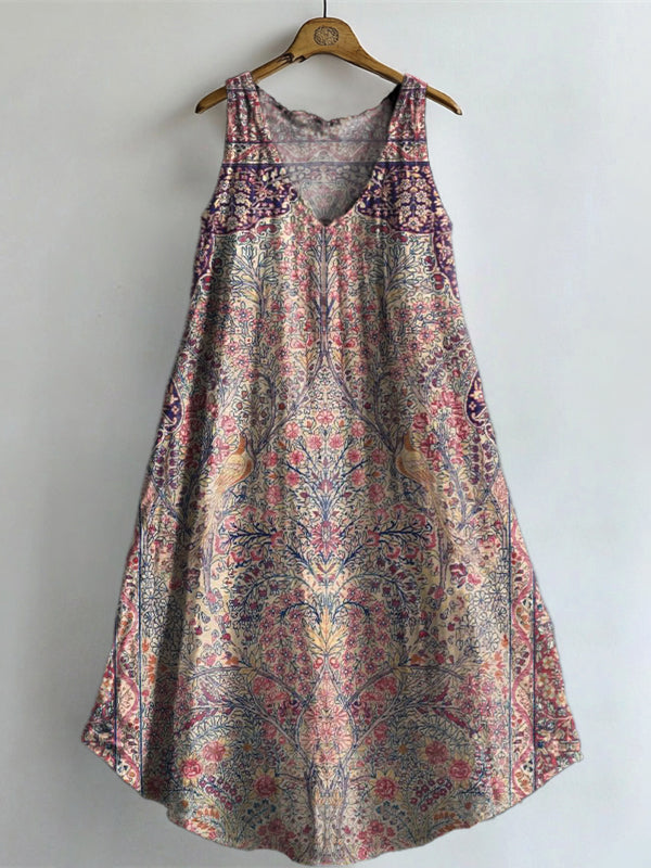 Women's Vintage Ethnic Floral Art Print V-neck Pocket Cotton Dress