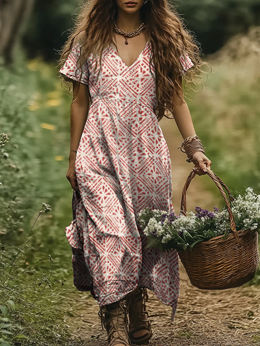 Women's Art Painting Ethnic Retro Print V-Neck Dress