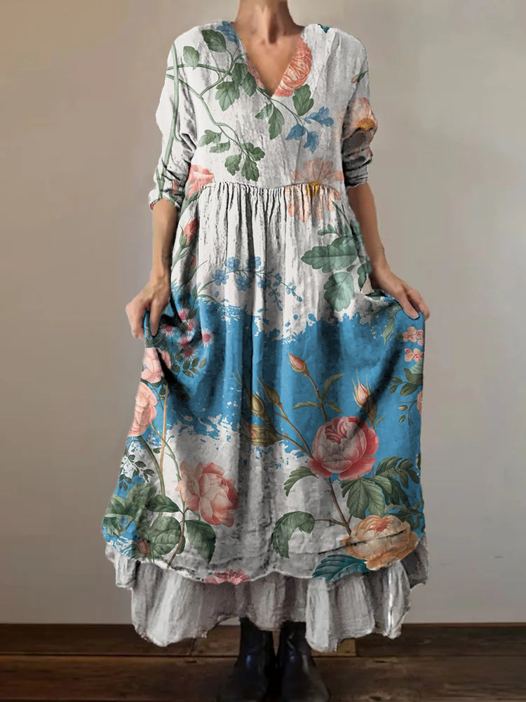 Women's Floral Art Print V-Neck Button Pocket Cotton Dress