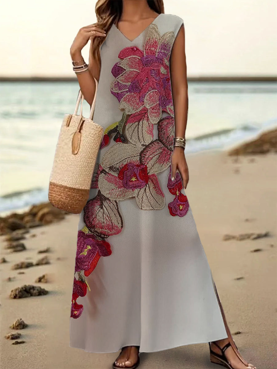 Women's Floral Art Print V-Neck Sleeveless Cotton Pocket Dress