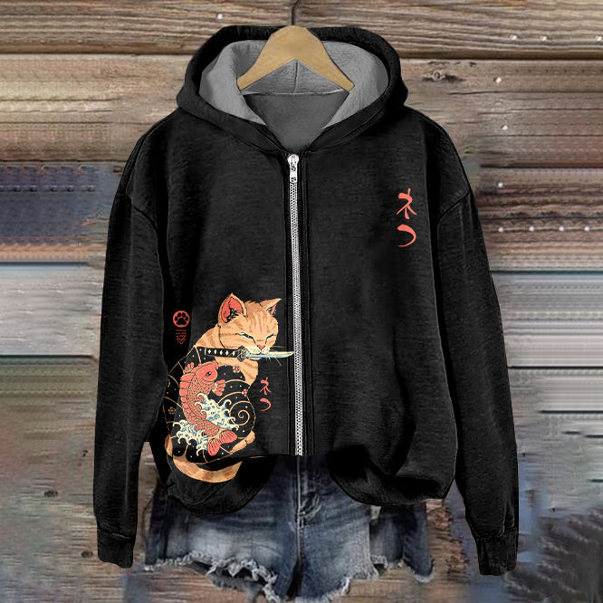 Warrior Cat Print Women's Zipper Sweatshirt elevenforest