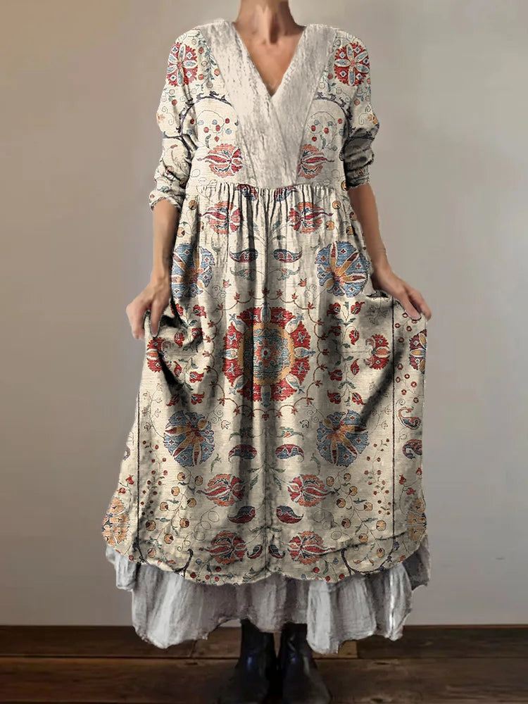 Women's Bohemian Ethnic Art Pattern Print V-Neck Pocket Cotton Dress