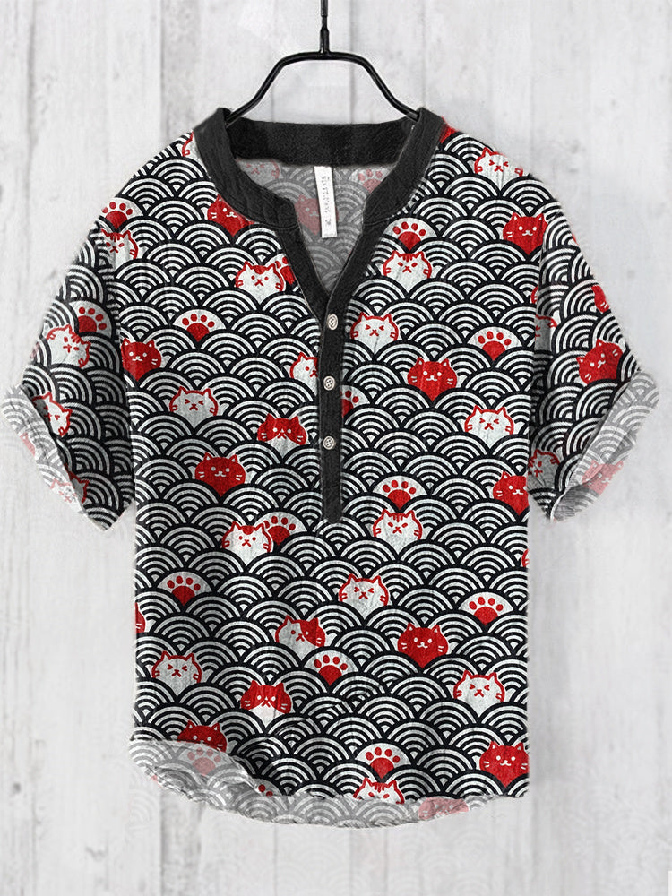 Japanese vintage Cats And Waves Pattern Cozy Cotton Linen Shirt elevenforest