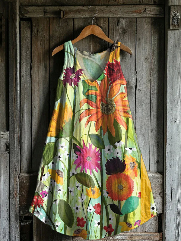 Women's Floral Embellished Pattern Art Print V-Neck Pocket Cotton Dres