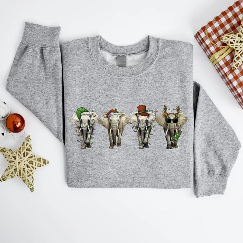 Comstylish Women's Christmas Elephant Print Crewneck Sweatshirt