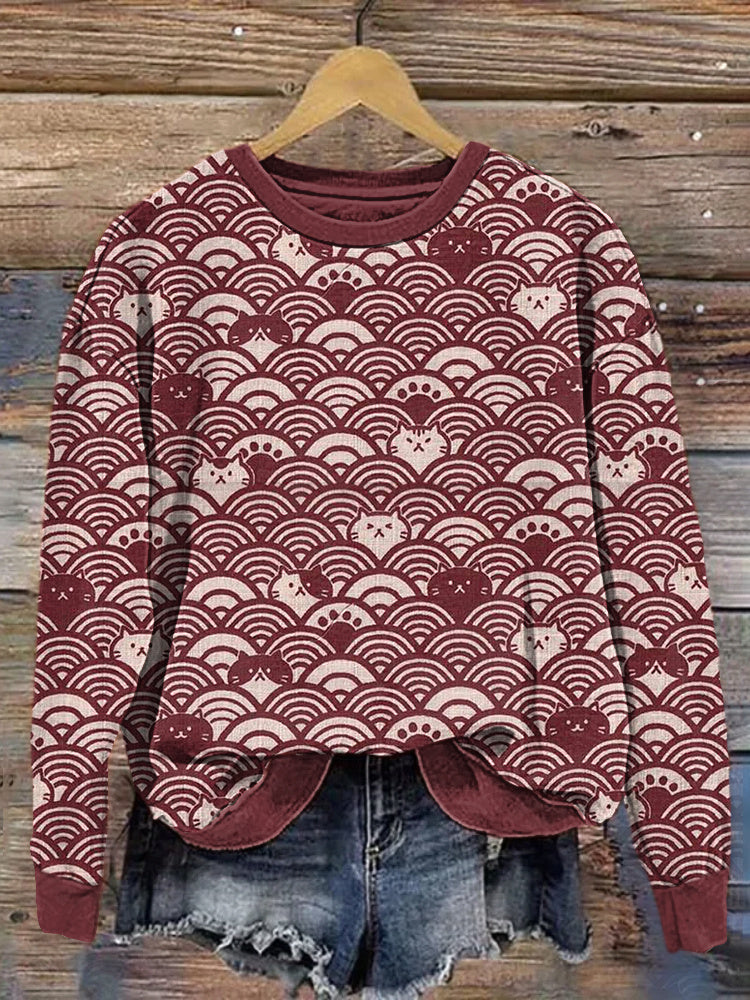 Japanese vintage Cats And Waves Pattern Cozy Sweatshirt elevenforest
