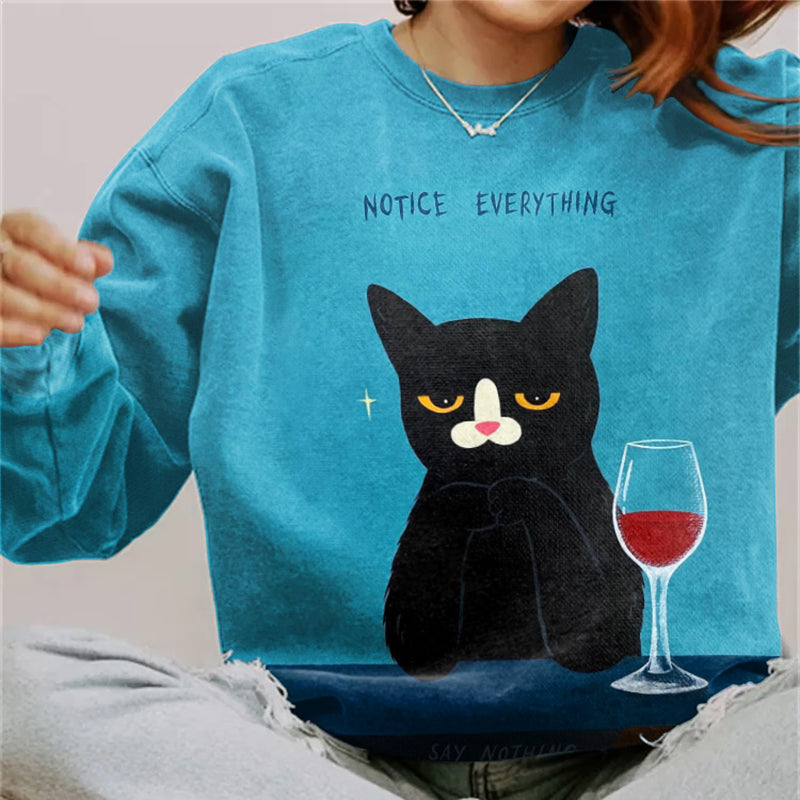 Comstylish Notice Everything Say  Nothing Cat Print Crew Neck Sweatshirt