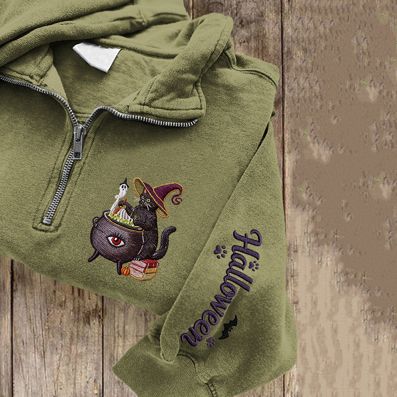 Comstylish Women's Halloween Cat Embroidered Zip Long Sleeve Sweatshirt
