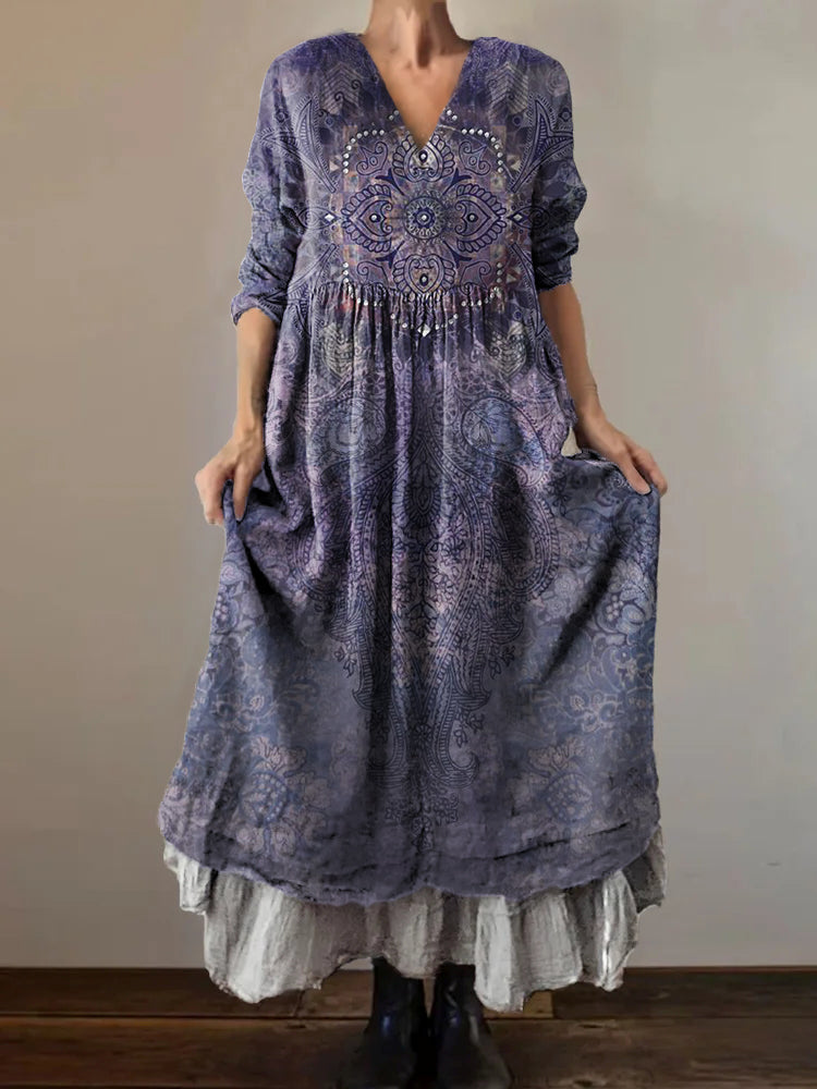 Women's Vintage Tattoo Pattern Art Print V-Neck Button Pocket Cotton D