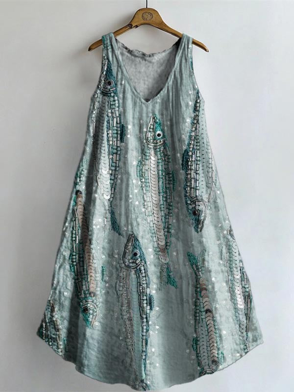 Women's Folk Fish Art Print V-neck Pocket Cotton Dress