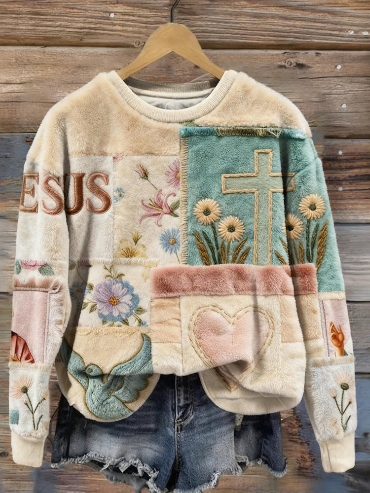Comstylish Christian Patchwork Pattern Vintage Cozy Plush Sweatshirt