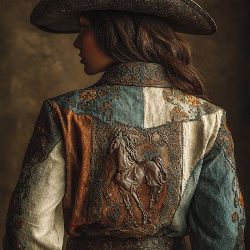 Comstylish Vintage Horse Western Floral Embroidered Patchwork Linen Blouse