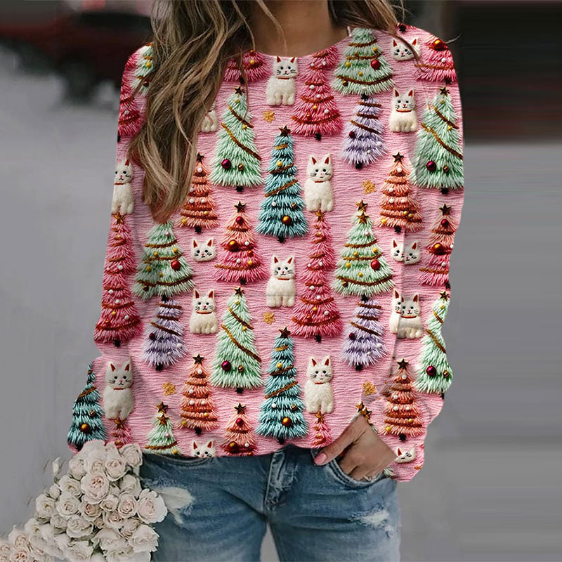 Christmas Tree Cat Print Crew Neck Sweatshirt elevenforest