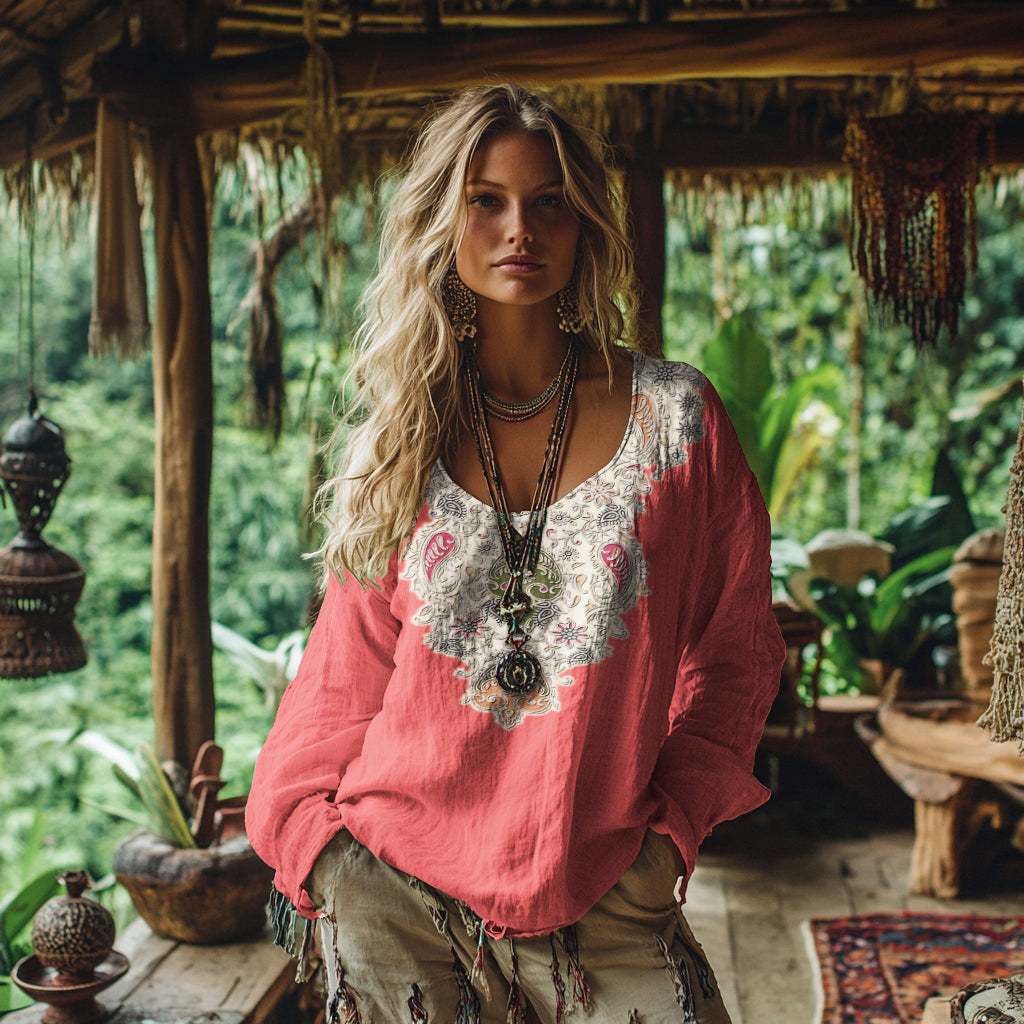 Comstylish Retro Bohemian Resort Paisley Pattern Art Embroidery Cotton And Linen Blend Loose Blouse