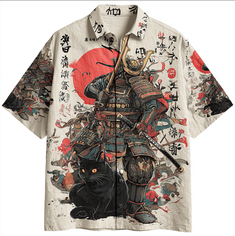 Japanese Art Taste Cat Men Cotton And Linen Short Sleeve Shirt elevenforest