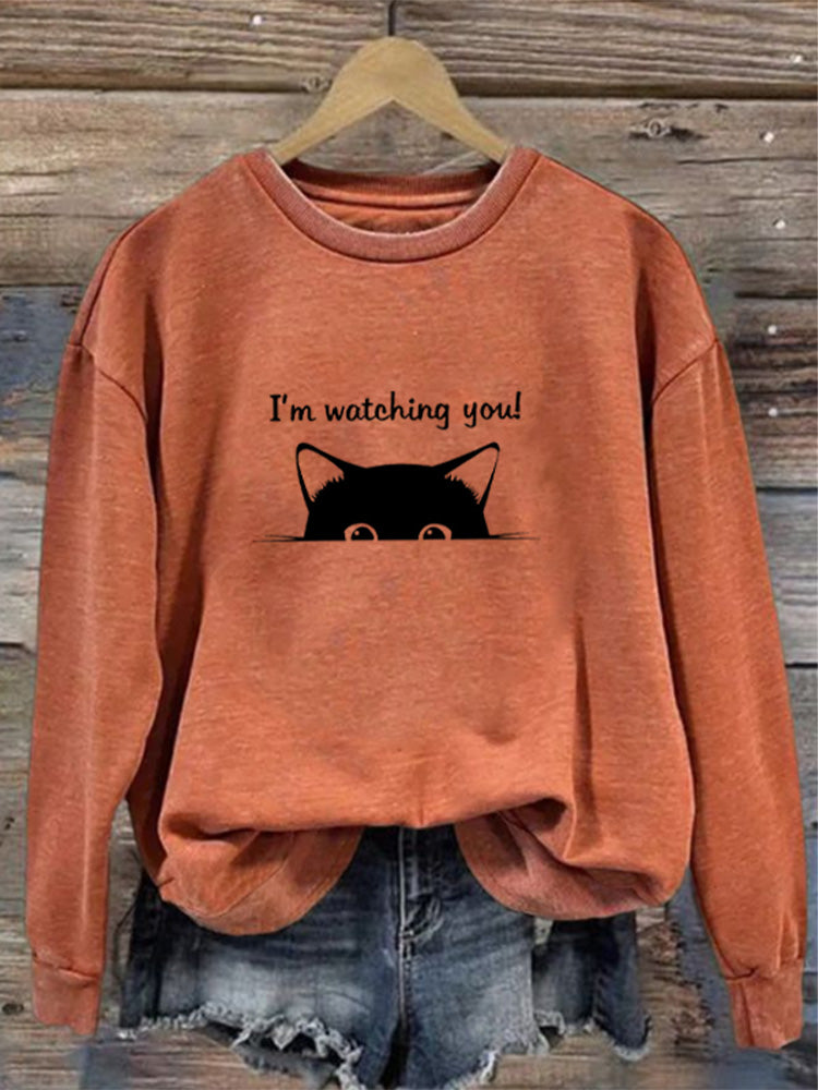 Comstylish I'm Watching You! Black Cat Print Sweatshirt