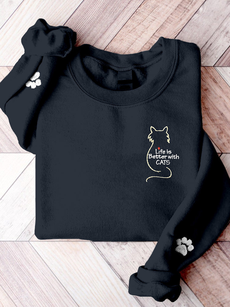 Comstylish Life Is Better With Cats Embroidered Comfy Sweatshirt