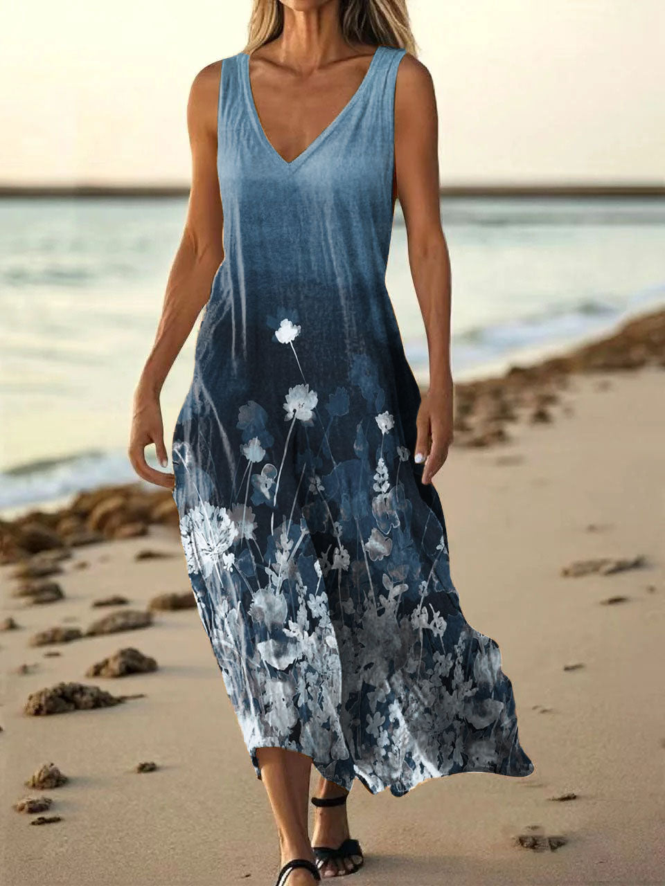 Women's Flower Art Print V-neck Sleeveless Pocket Cotton Dress