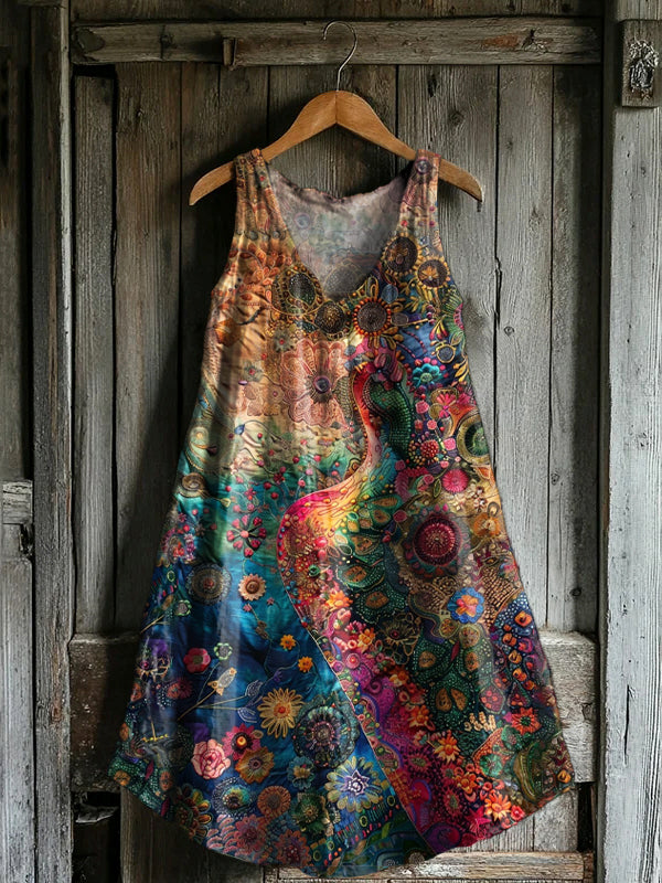Women's Colorful Bohemian Floral Print V-neck Pocket Cotton Dress