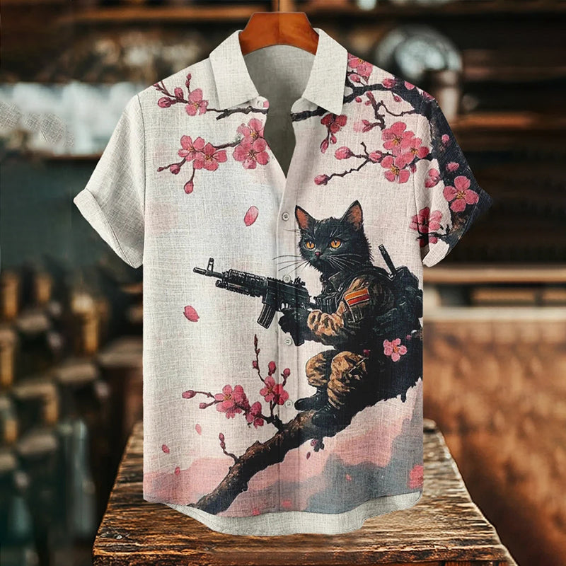 Men's Cats Fighting Under The Flower Tree Retro Nostalgic Print Art Print Casual Shirt elevenforest
