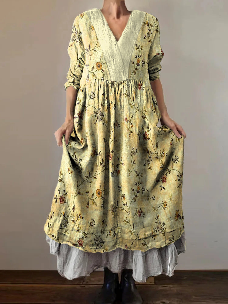 Women's Flower Art Print V-Neck Pocket Cotton Dress