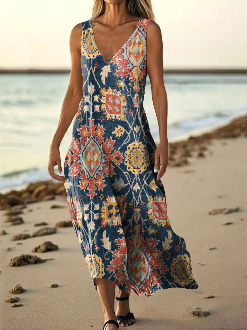 Women's National Totem Art Print V-neck Sleeveless Pocket Cotton Dress