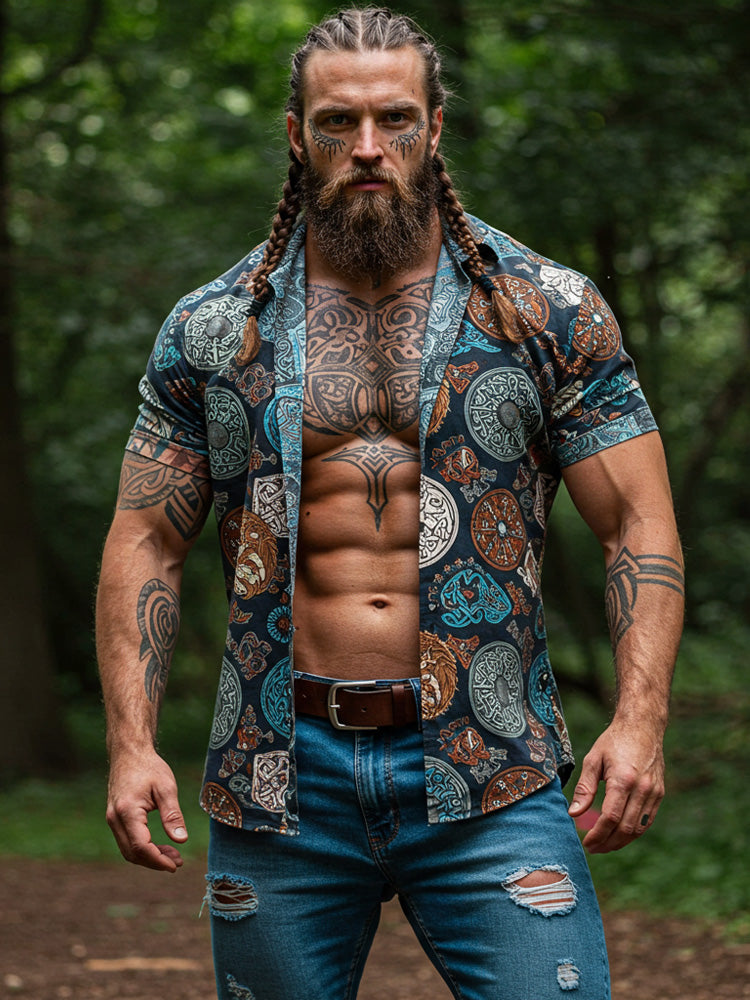 Vintage Viking Rune Print V Neck Short Sleeve Shirt artswardrobe