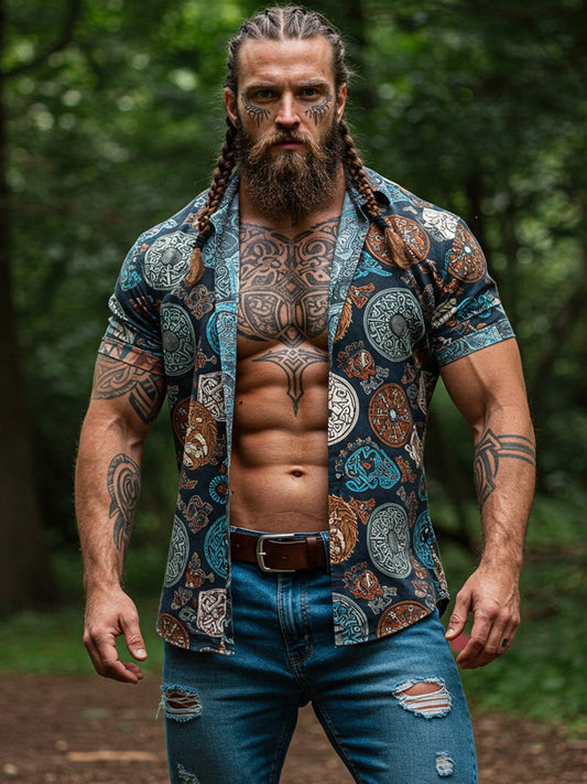 Vintage Viking Rune Print V Neck Short Sleeve Shirt artswardrobe