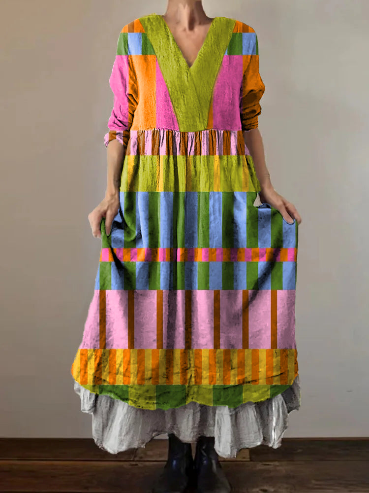 Women's Abstract Geometry Art Print V-Neck Button Pocket Cotton Dress