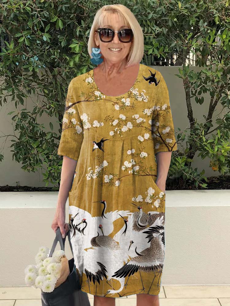 Vintage Floral Crane Art Casual Pocket Dress