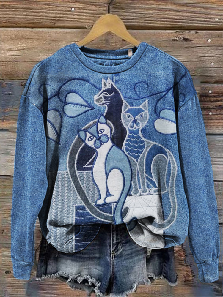 Comstylish Lovely Cats Denim Patchwork Comfy Sweatshirt