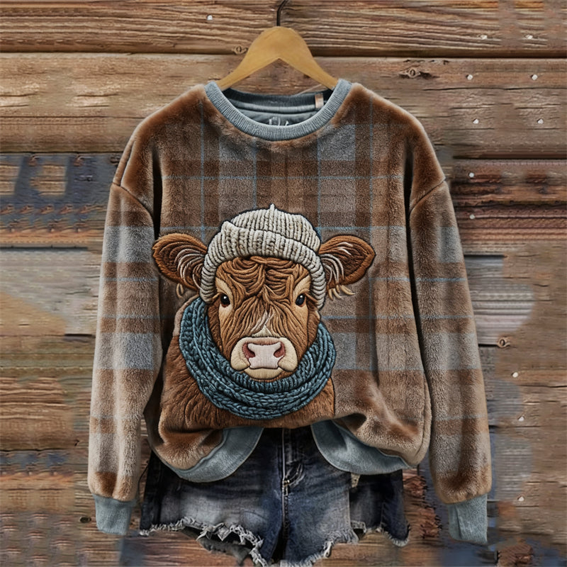 Comstylish Lovely Highland Cow Scotland Tartan Cozy Plush Sweatshirt