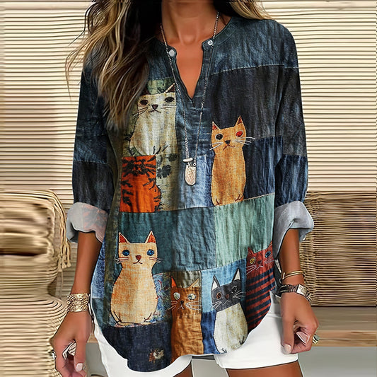 Comstylish Casual Pop Cat Patchwork Cotton Linen Blouse