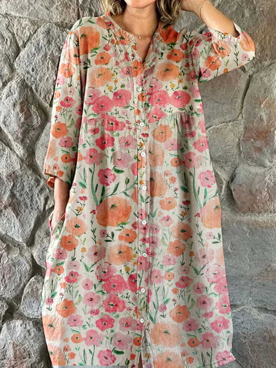 Women's Elegant Vintage Floral Print Shirt Style Cotton and Linen Dres
