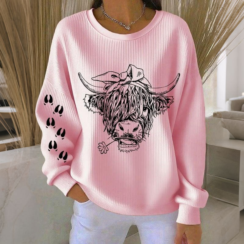 Women's Highland Cow Print Crew Neck Casual Sweatshirt artswardrobe
