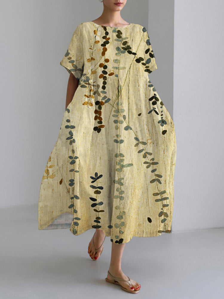 Vintage Botanical Japanese Art Linen Blend Maxi Dress