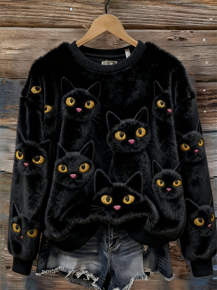 Comstylish Fuzzy Lovely Black Cats Cozy Plush Sweatshirt
