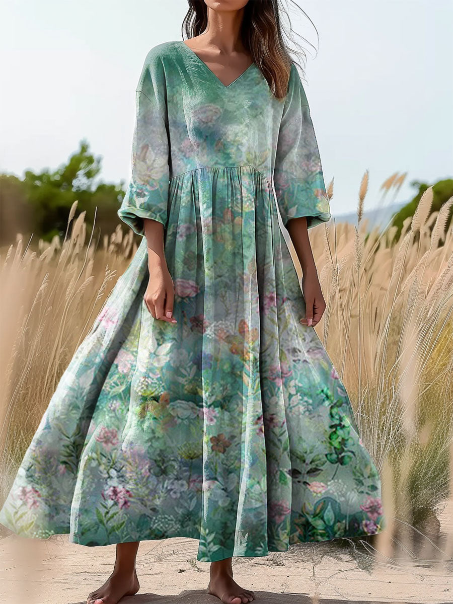 Women's Floral Art Print Flowy V-Neck Cotton Dress