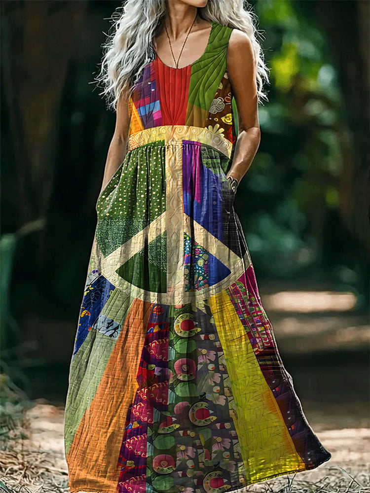 Women's Retro Peace Art Print V-Neck Button Pocket Cotton Dress