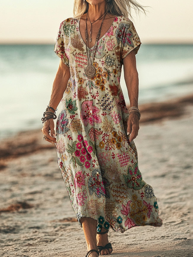 Women's Folk Art Floral Print Sleeveless V-Neck Pocket Cotton Dress