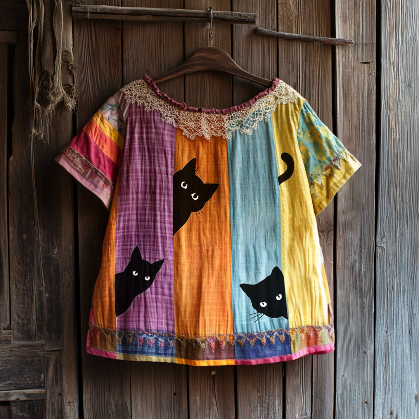 Comstylish Vintage Abstract Creative Black Cat Peeking With Floral Patchwork Art Cotton Linen Comfy Shirt