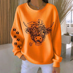Women's Highland Cow Print Crew Neck Casual Sweatshirt artswardrobe