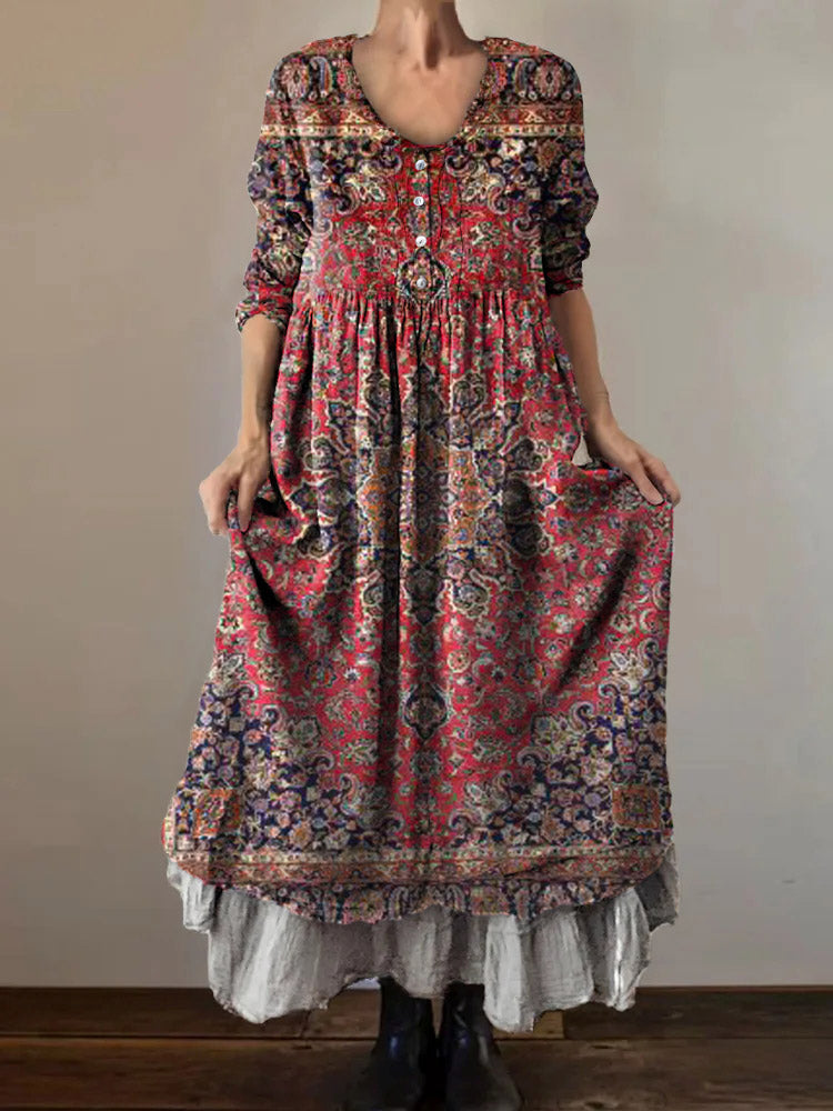 Women's Ethnic Tattoo Art Print V-Neck Button Pocket Cotton Dress