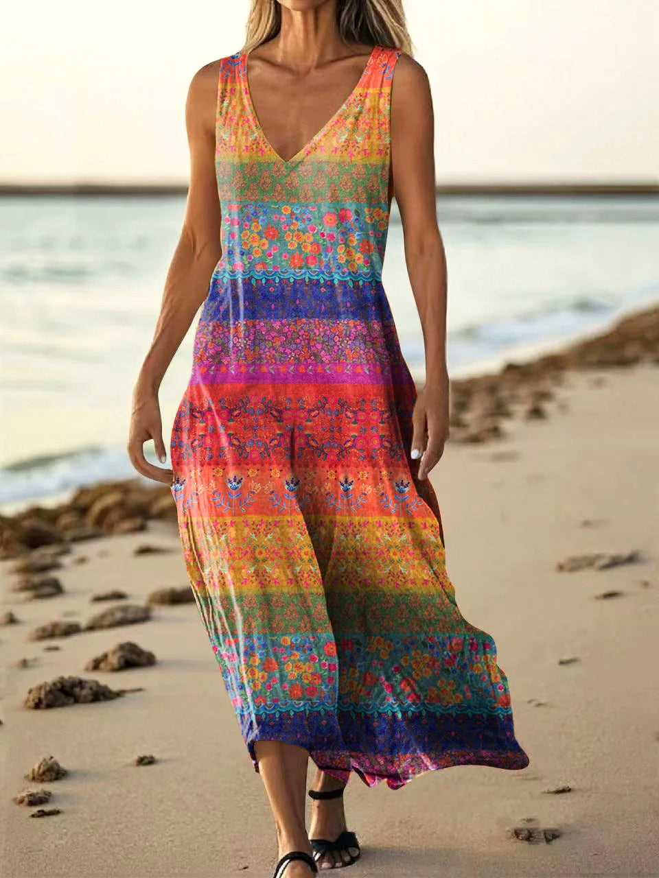 Women's Colorful Bohemian Collage Art Pattern Print V-neck Sleeveless